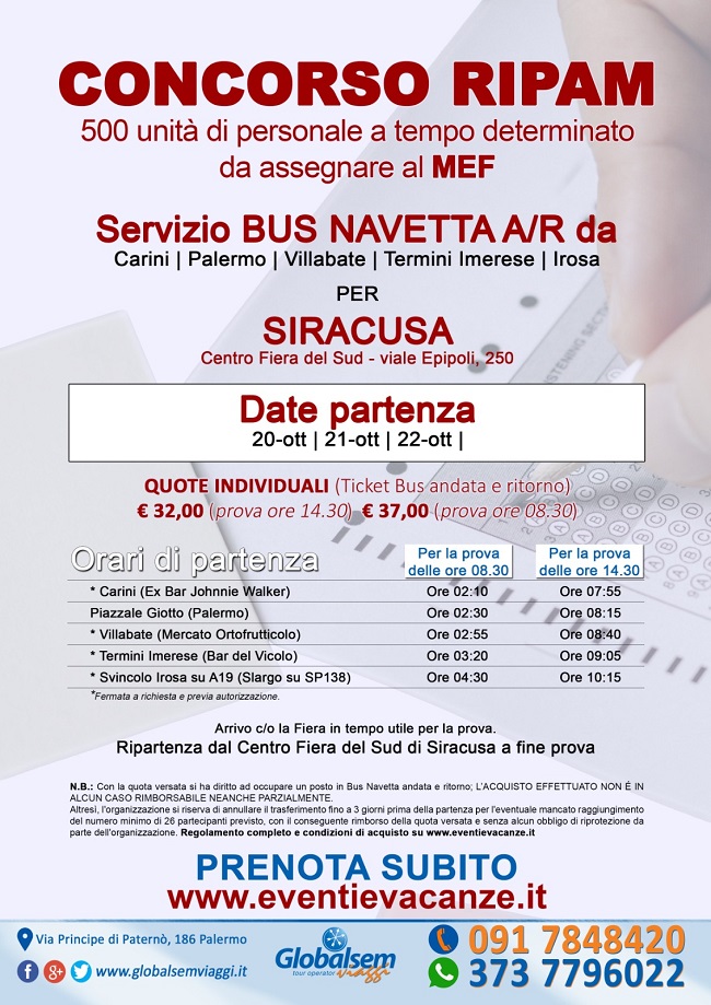 SERVIZIO BUS NAVETTA A/R PER SIRACUSA - CONCORSO MEF 500 ESPERTI RIPAM 2021